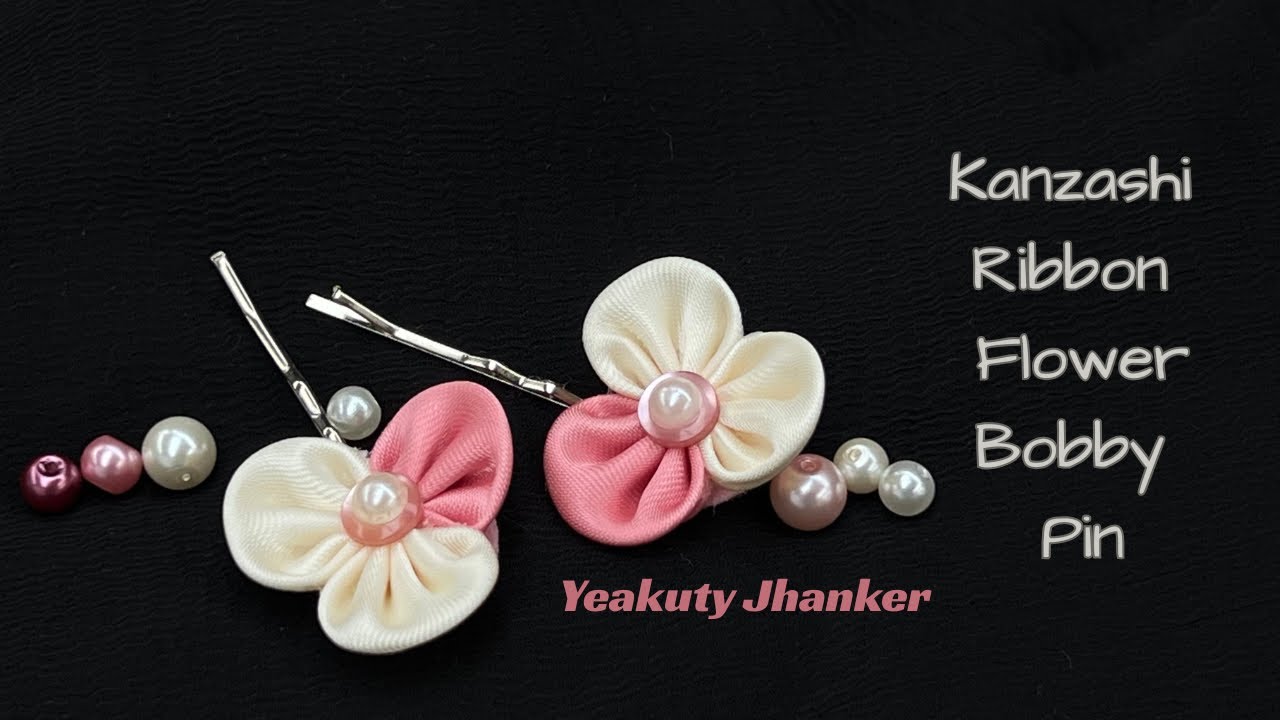 How to Make Kanzashi Flower Bobby pin with Off-White & Pink Satin Ribbon. Easy handmade accessories.