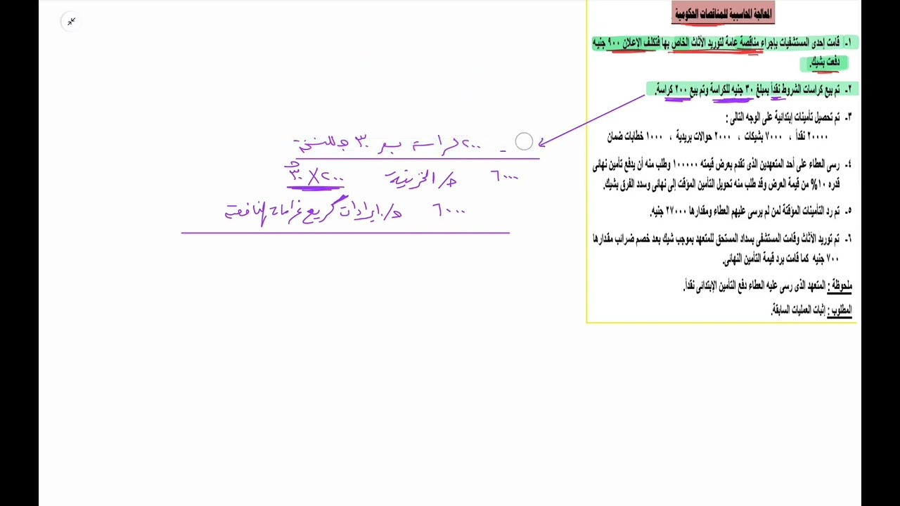 مثال عملى ٣:  المناقصات الحكومية ص١١و١٢ - محاسبة حكومية - فرقة ثانية انتظام