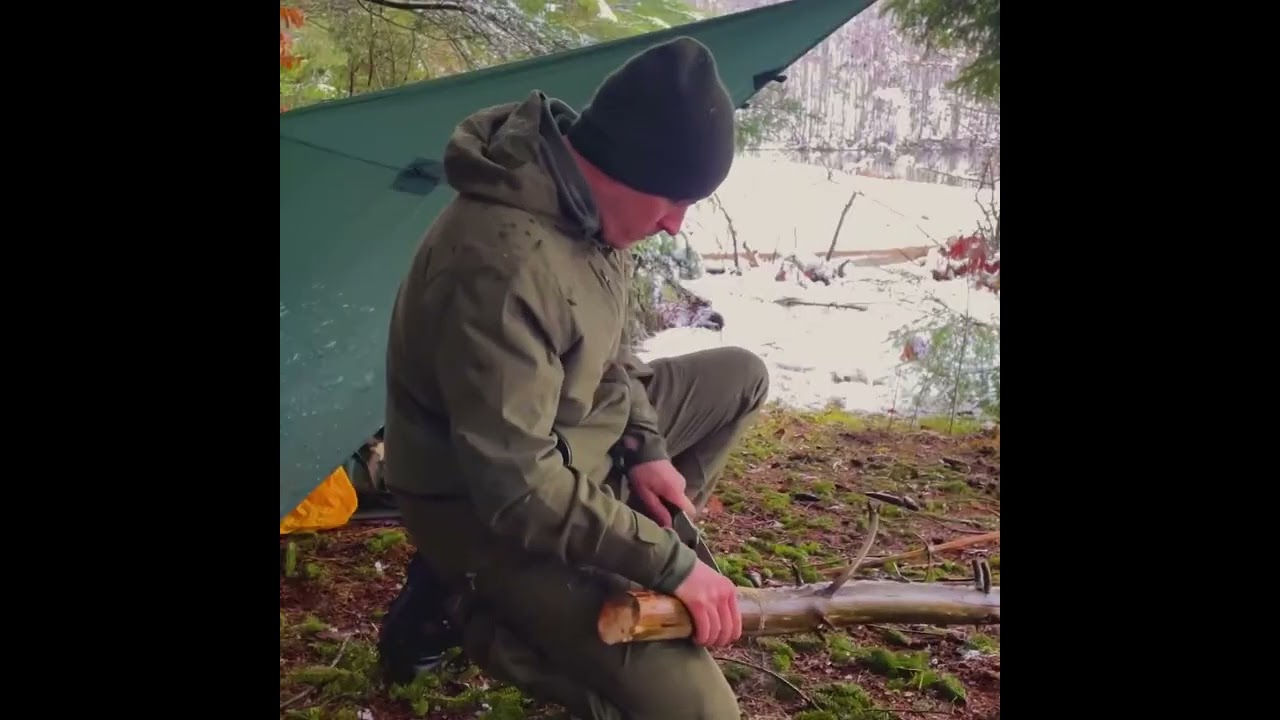 Diamond Tarp Shelter Bushcraft in Snow for Two Days of Solo Winter Camping ASMR