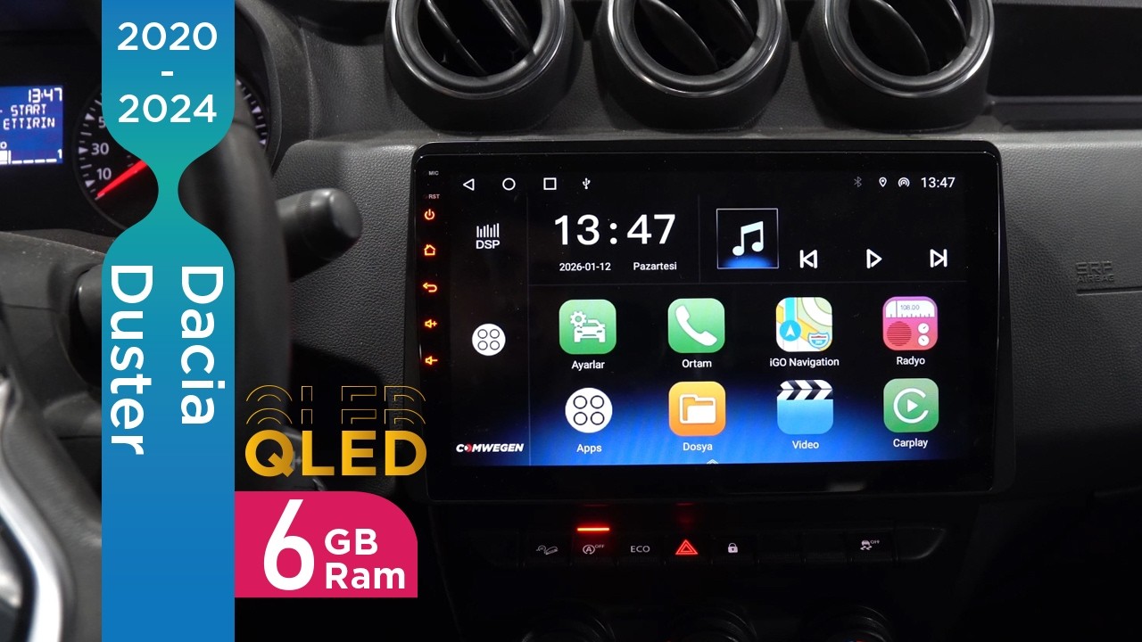 Dacia Duster 2020-2024  6 GB RAM QLED Ekran Kablosuz Carplay Android Multimedya Navigasyon