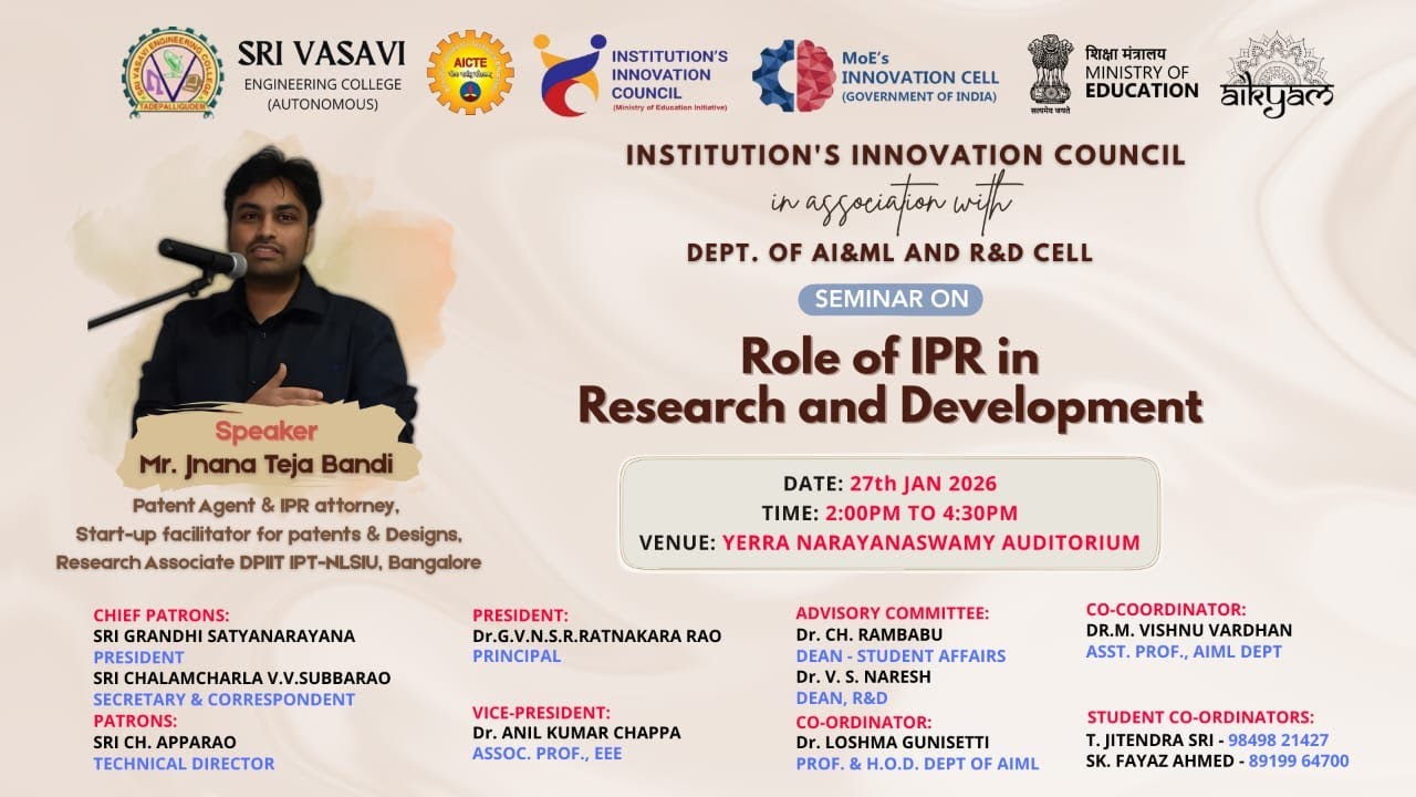 Role of IPR in Research and Development || IIC || Sri Vasavi Engineering College || Jnana Teja Bandi