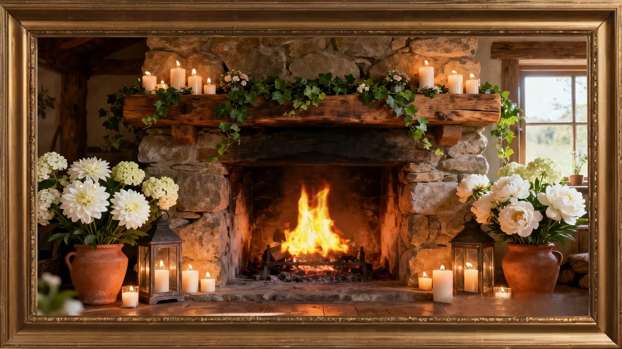 Spring Fireplace Ambience.🔥 Cozy Interior. Gold framed Vintage screensaver. 4k TV Painting wall art