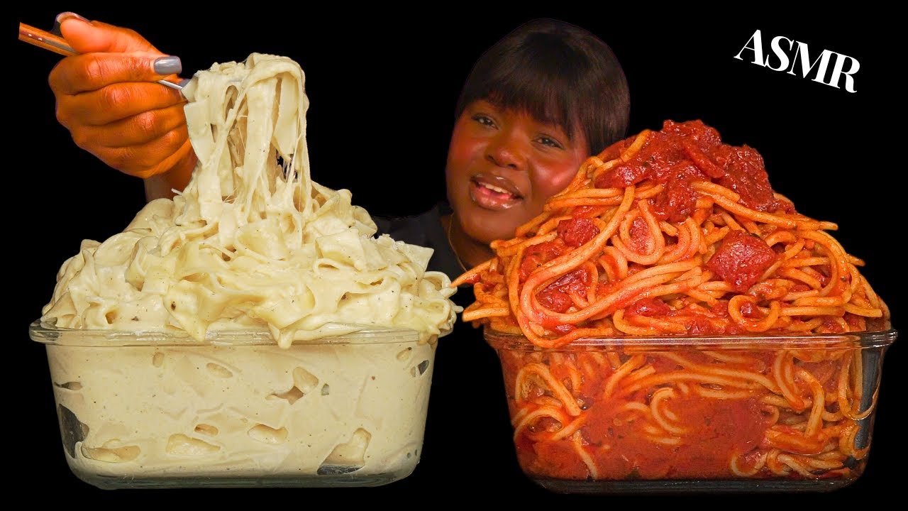 ASMR TOMATO SAUCE & ALFREDO CREAMY SPAGHETTI MUKBANG (NO Talking) |Sticky Eating Sounds| Vikky ASMR