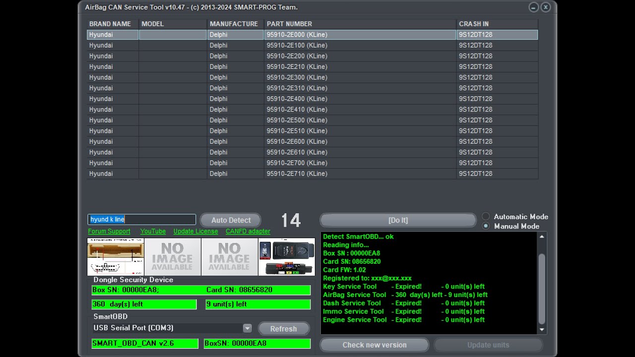 Hyundai  95910-2Exxx  CPU Motorola 9S12DT128. Repair crash data.