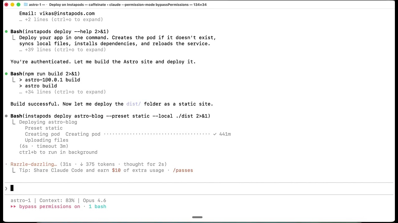 Deploy AstroJS online with InstaPods (under 60s)