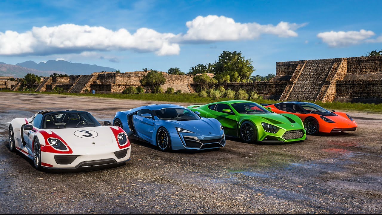 Forza Horizon 5 Drag race: Porsche 918 Spyder vs Lykan Hypersport vs Zenvo ST1 vs Gordon Murray T.50