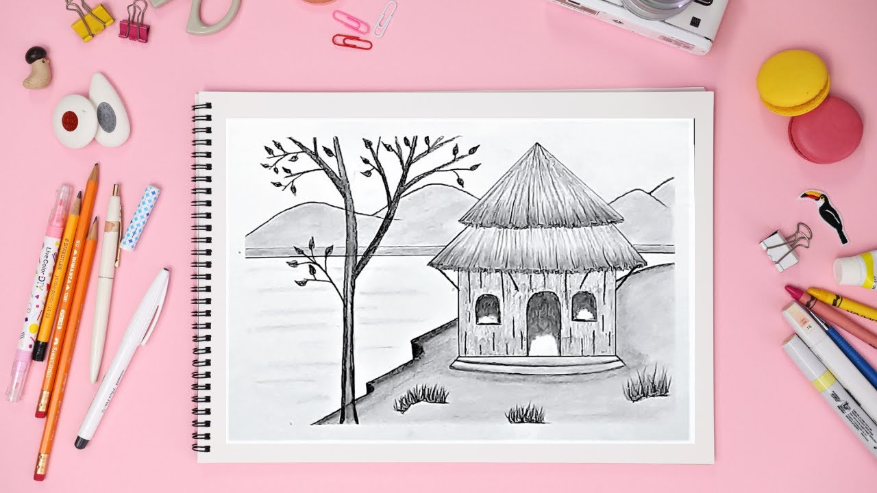How to draw beautiful riverside hut scenery | Very easy steps for beginners | pencil sketching