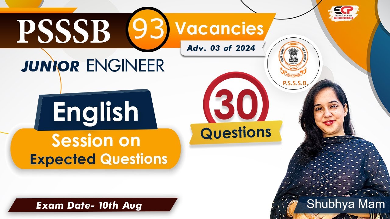 30 Most Expected Questions of English for PSSSB JE Exam to be held on 10th Aug 2025