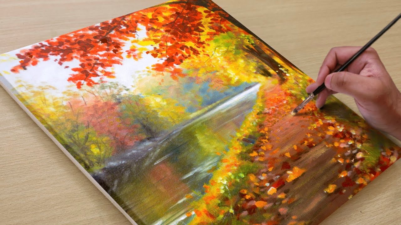 How to Draw a Beautiful Autumn Lake / Acrylic Painting for Beginners / STEP BY STEP 