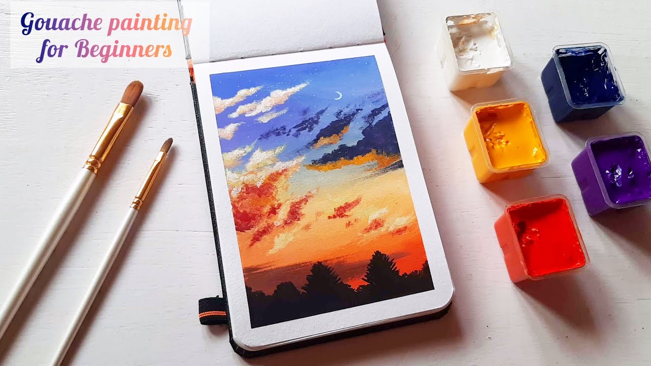 Dramatic Sunset painting tutorial ⛅ /Gouache painting for Beginners