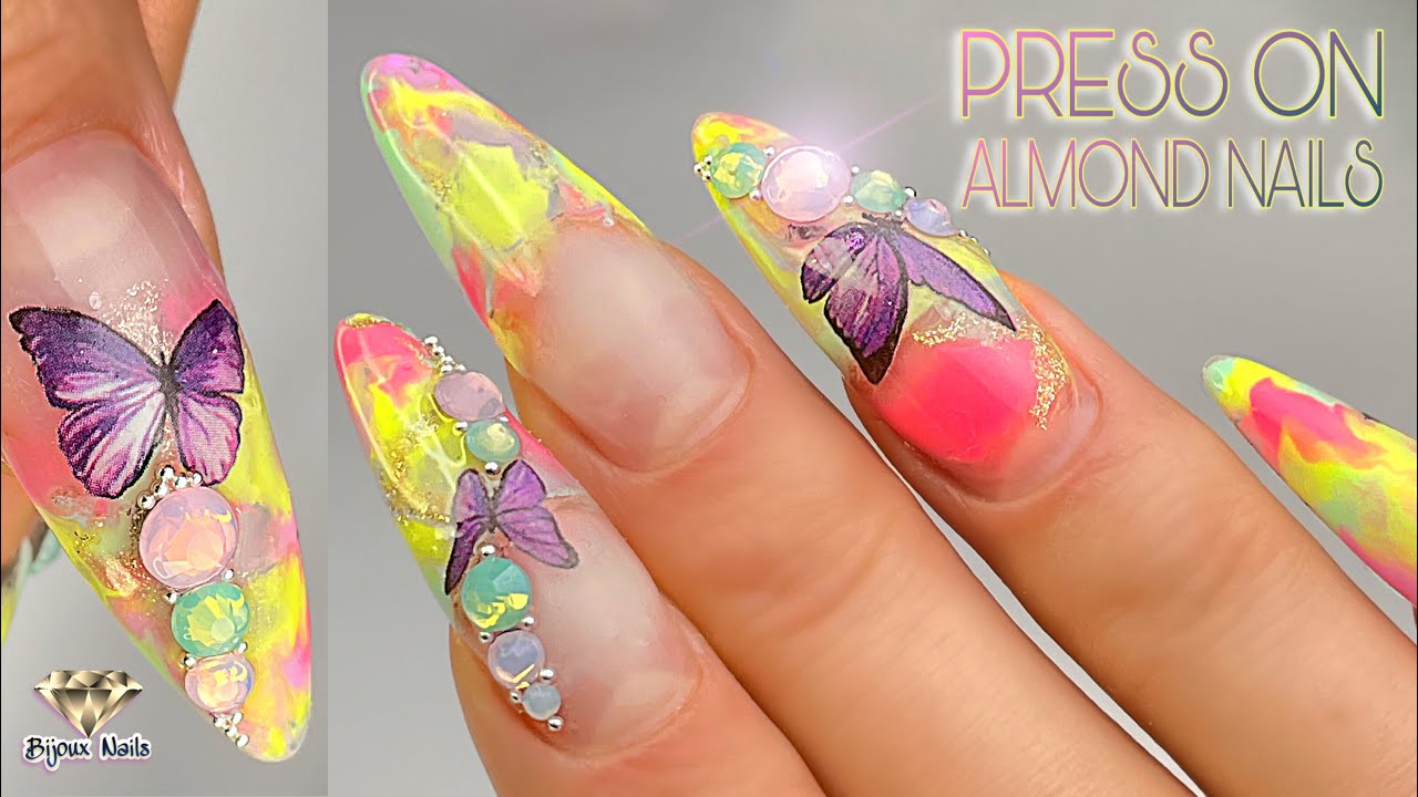 Long Almond Gel Nails / Spring Nails Design with Butterflies / Press on nail tips /DIY tutorial asmr