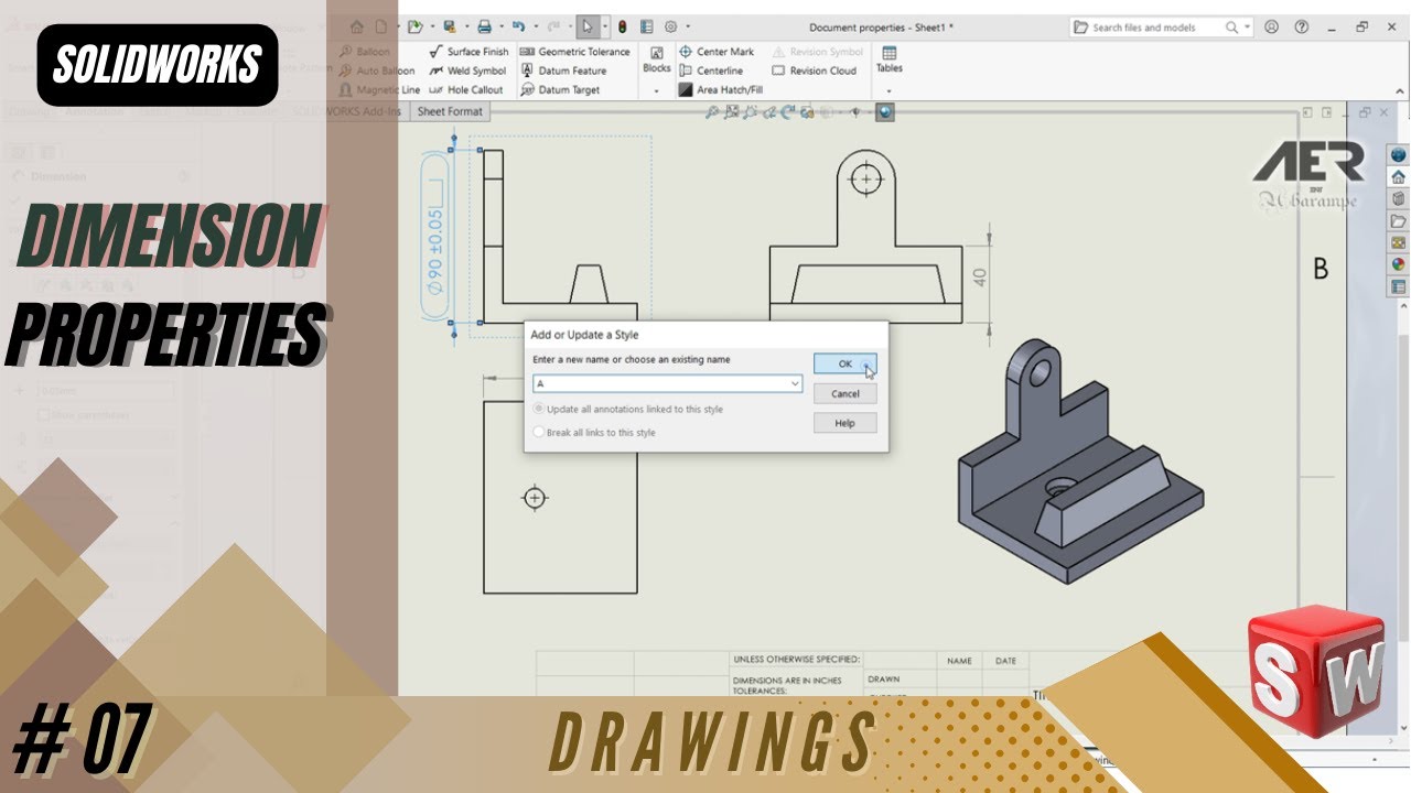 Dimension Properties | Solidworks Tutorial | Drawing | Stage #07 Eng - AER Int.