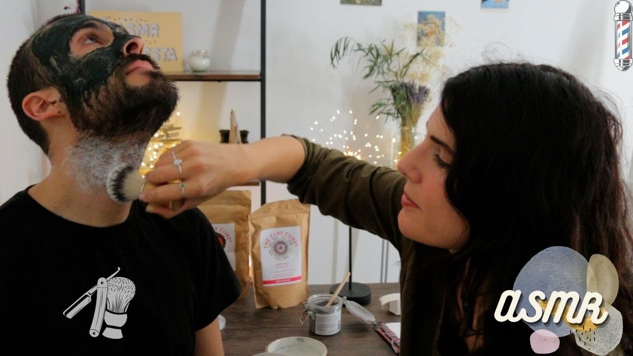 💈  Aplicando ARCILLA en la CARA y AFEITADO con cuchilla y crema de afeitar ASMR español│