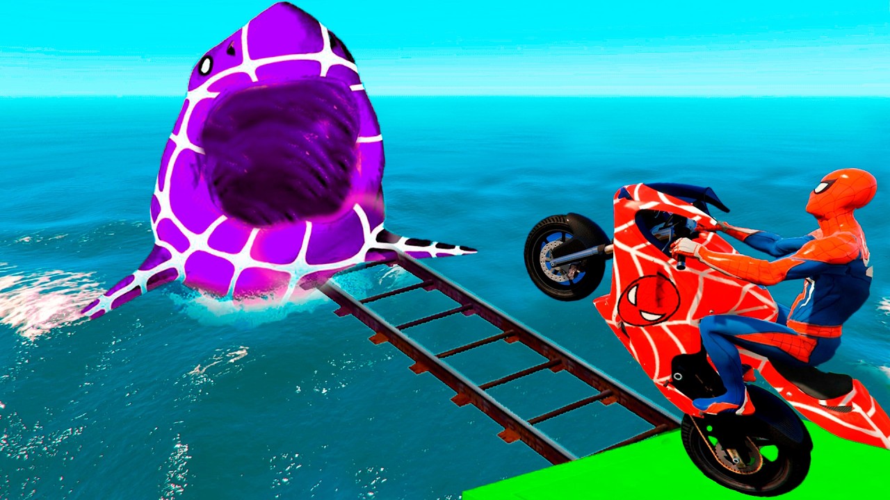 SPIDER-MAN & COLORED TUNG TUNG SAHUR vs SPIDER SHARK on Motorcycle in Spiral Bridge | GTA 5