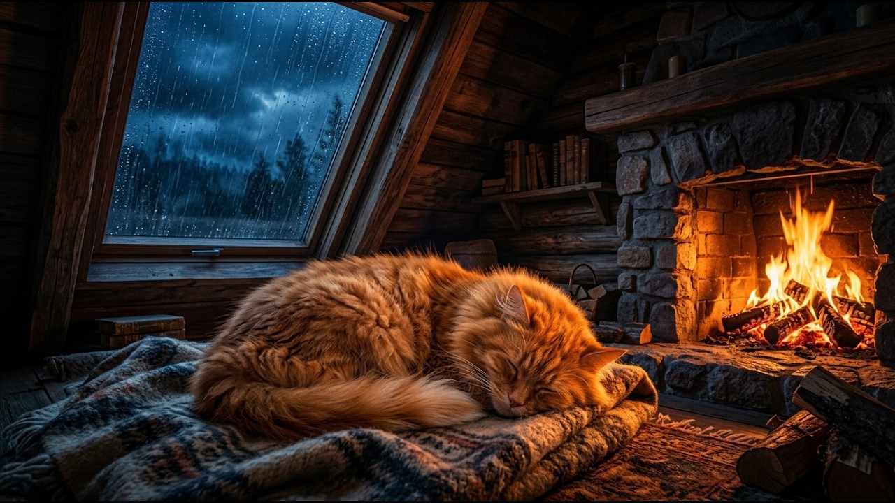 Heavy Rain on Attic Skylight ⛈️ Sleeping Cat & Crackling Fireplace in a Cozy Cabin [3 Hours]