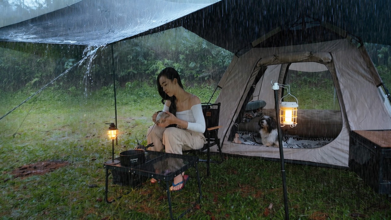 SOLO CAMPING HEAVY RAIN AND THUNDERSTORM - RELAXING CAMPING ASMR WITH RAIN SOUNDS