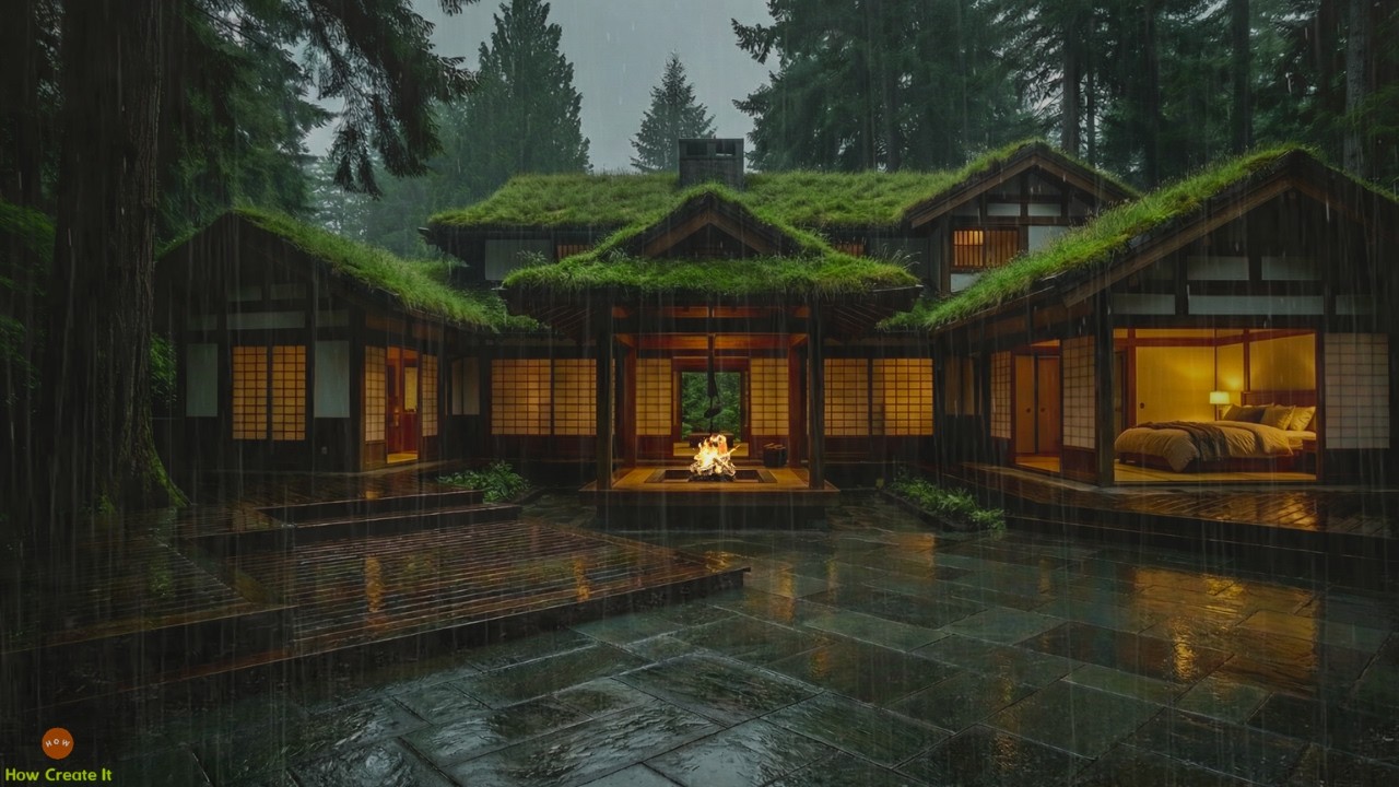 Serene Rainy Night, Fireplace and Soft Thunder for Zen Calm in a Japanese Wilderness Grass Roof Home