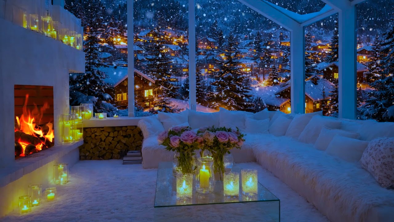 Frozen Winter Village ❄ Warm Fireplace Night Ambience