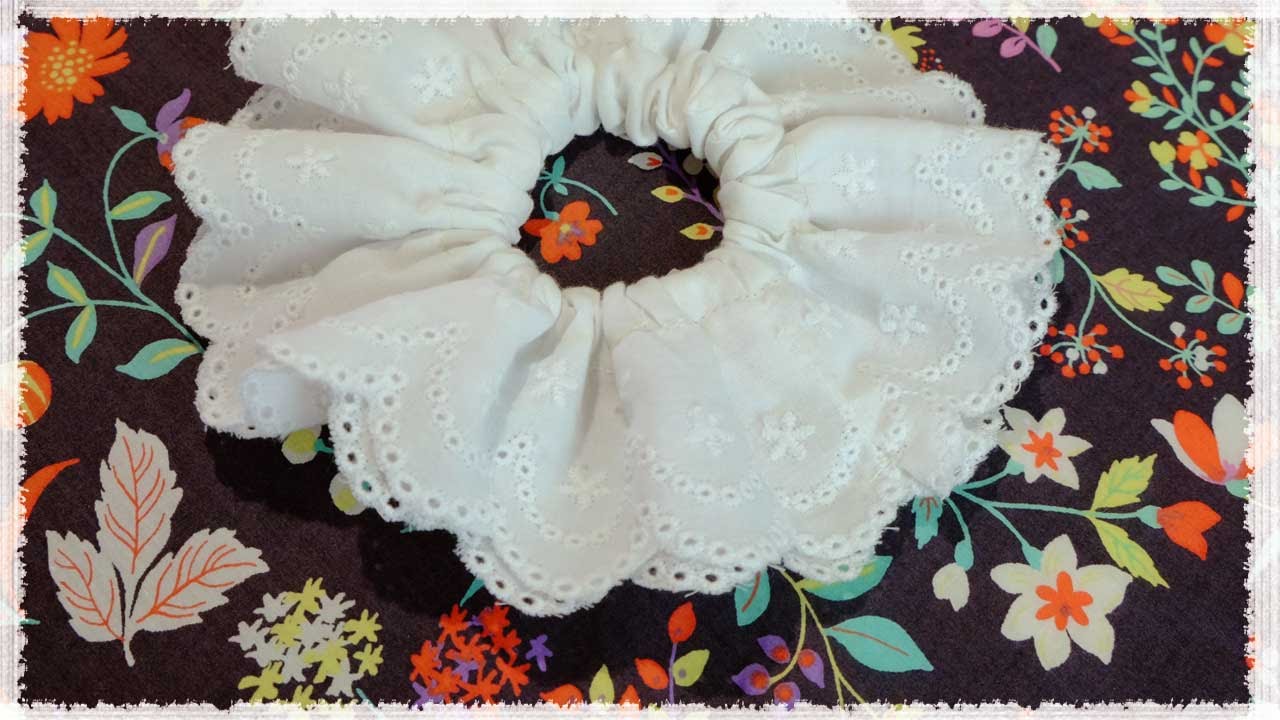 レースのシュシュの簡単な作り方♪　100均幅広レースを2枚重ねて縫う簡単シュシュ☆　diy frill scrunchie tutorial
