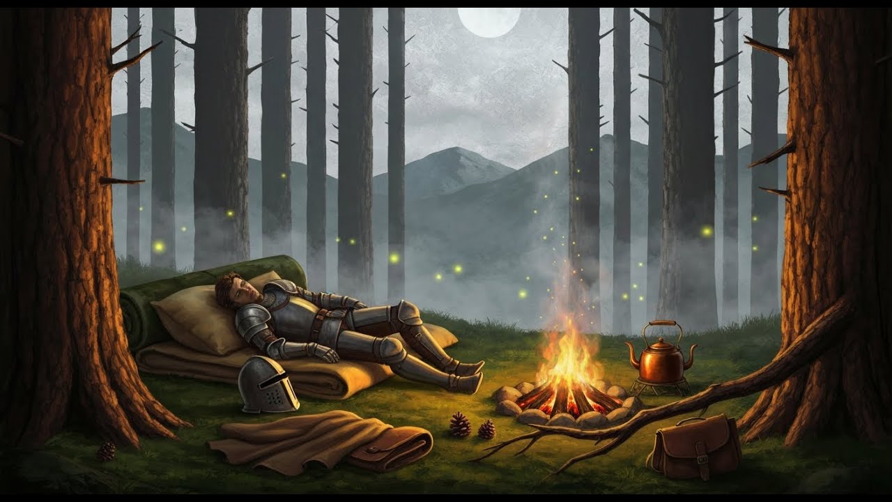 Knight's Rest In A Moonlit Pine Forest Clearing | Safe Sanctuary Sleep Ambience