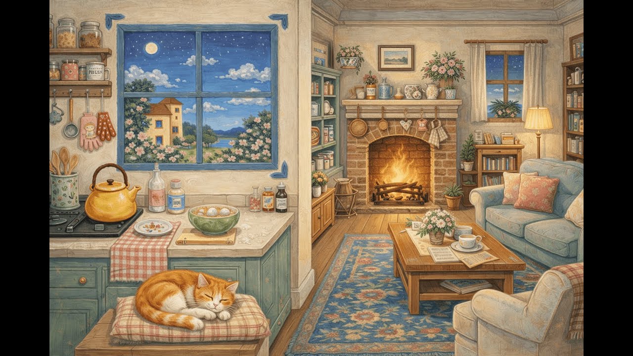 cozy kitchen ambience with 1950s music and fireplace in the background