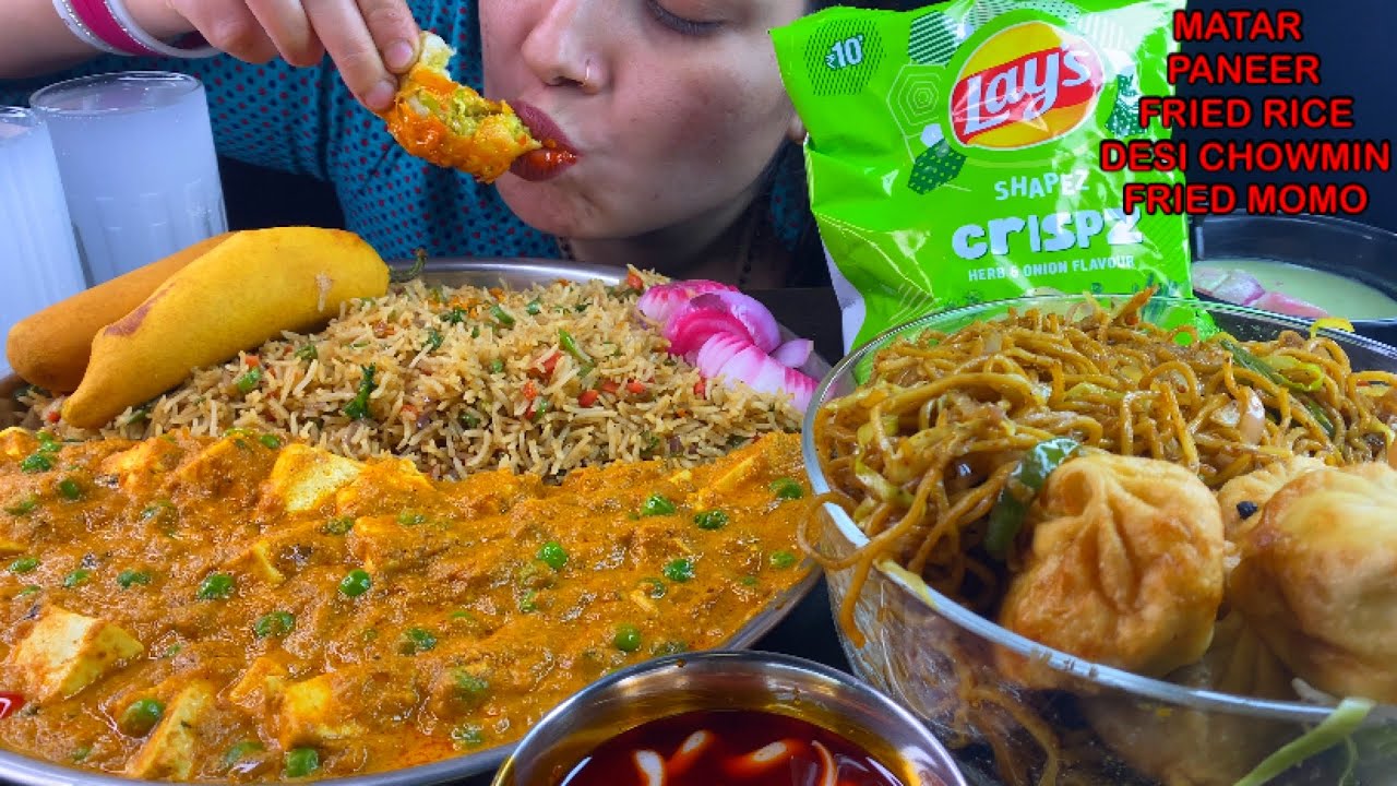 Eating Spicy🔥 Matar Paneer, Fried Rice, Desi Chowmin, Fried Momo, Mirchi Bhaji | Indian Food Mukbang