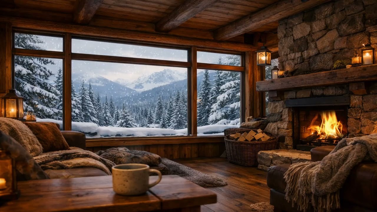 Cozy Winter Cabin Ambience ❄️ Fireplace & Falling Snow with Soft Piano Jazz |4K Cozy Mountain Escape