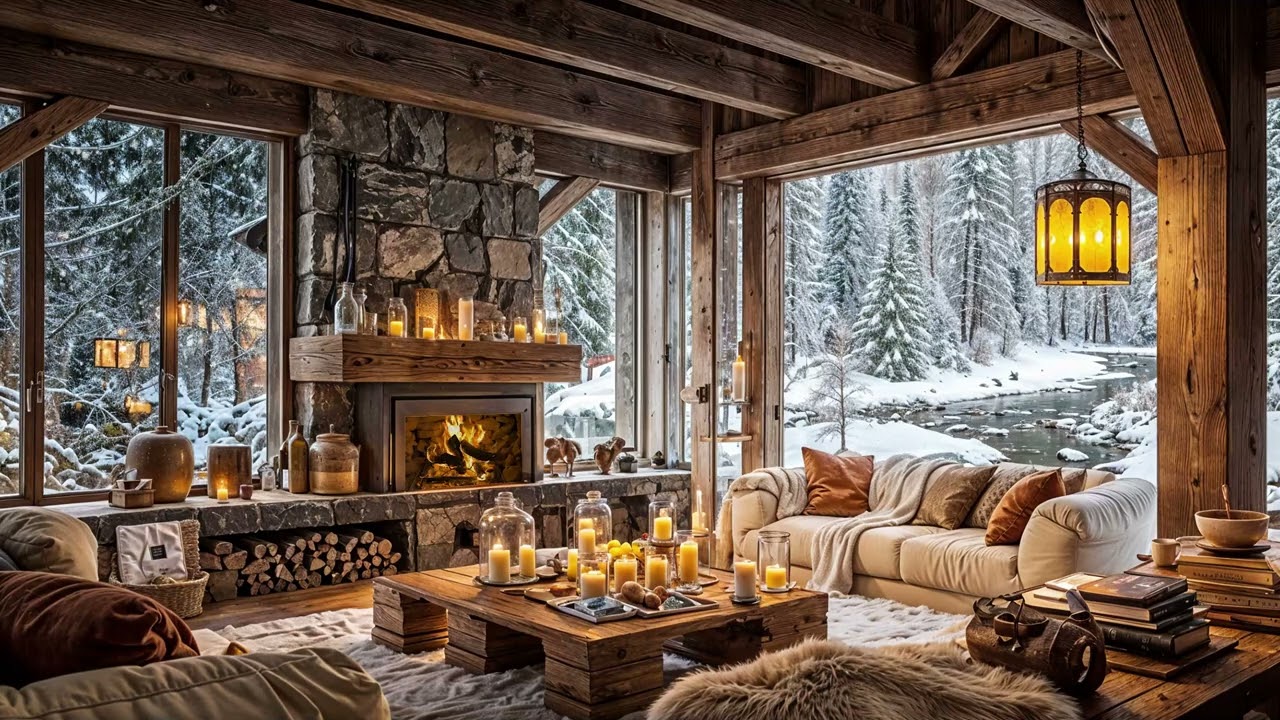 Under the Flickering Fire, Snow Falls Gently Covers the Winter Scenery for Peaceful Sleep Awaits You