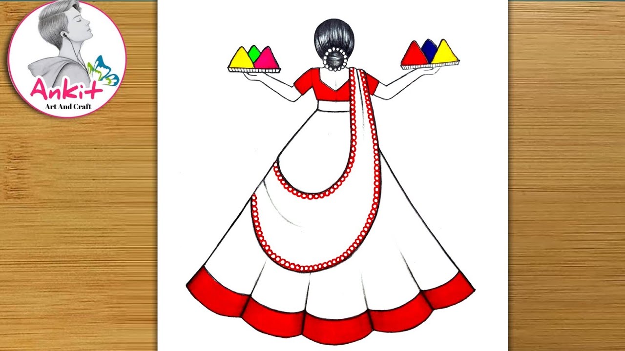 Holi drawing for kids | Holi drawing easy step by step | how to a draw traditional girl with Holi 