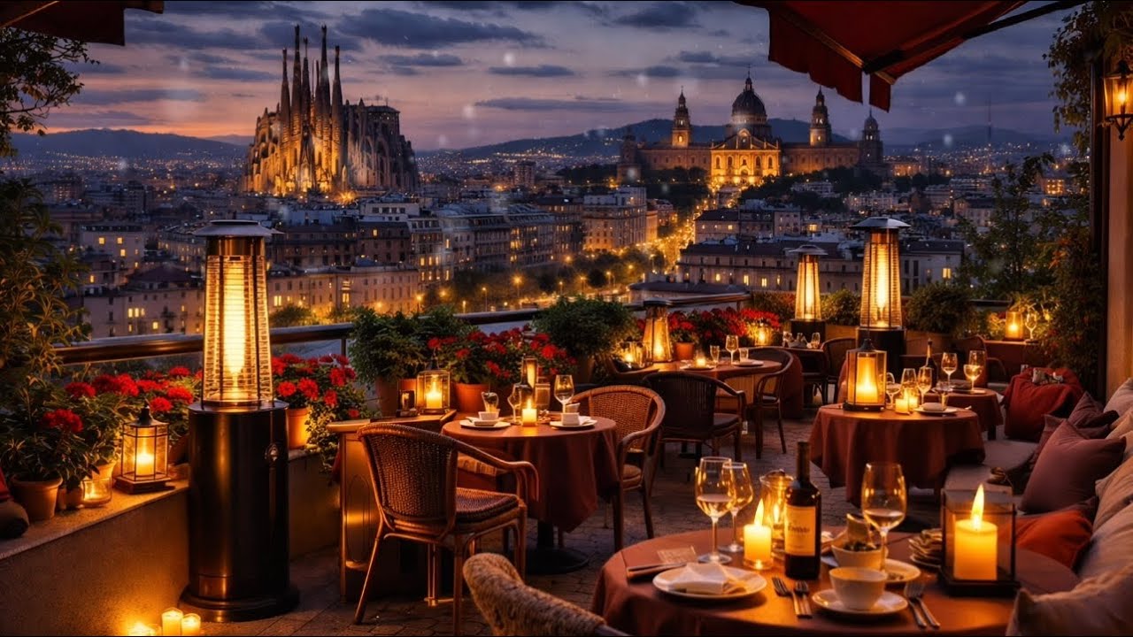 Barcelona Winter Jazz 🍷 Cozy Balcony Café Ambience with Fireplace for Work & Deep Focus