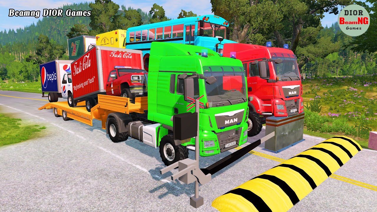 Double Flatbed Trailer Truck vs speed bumps|Busses vs speed bumps|Beamng Drive|1302