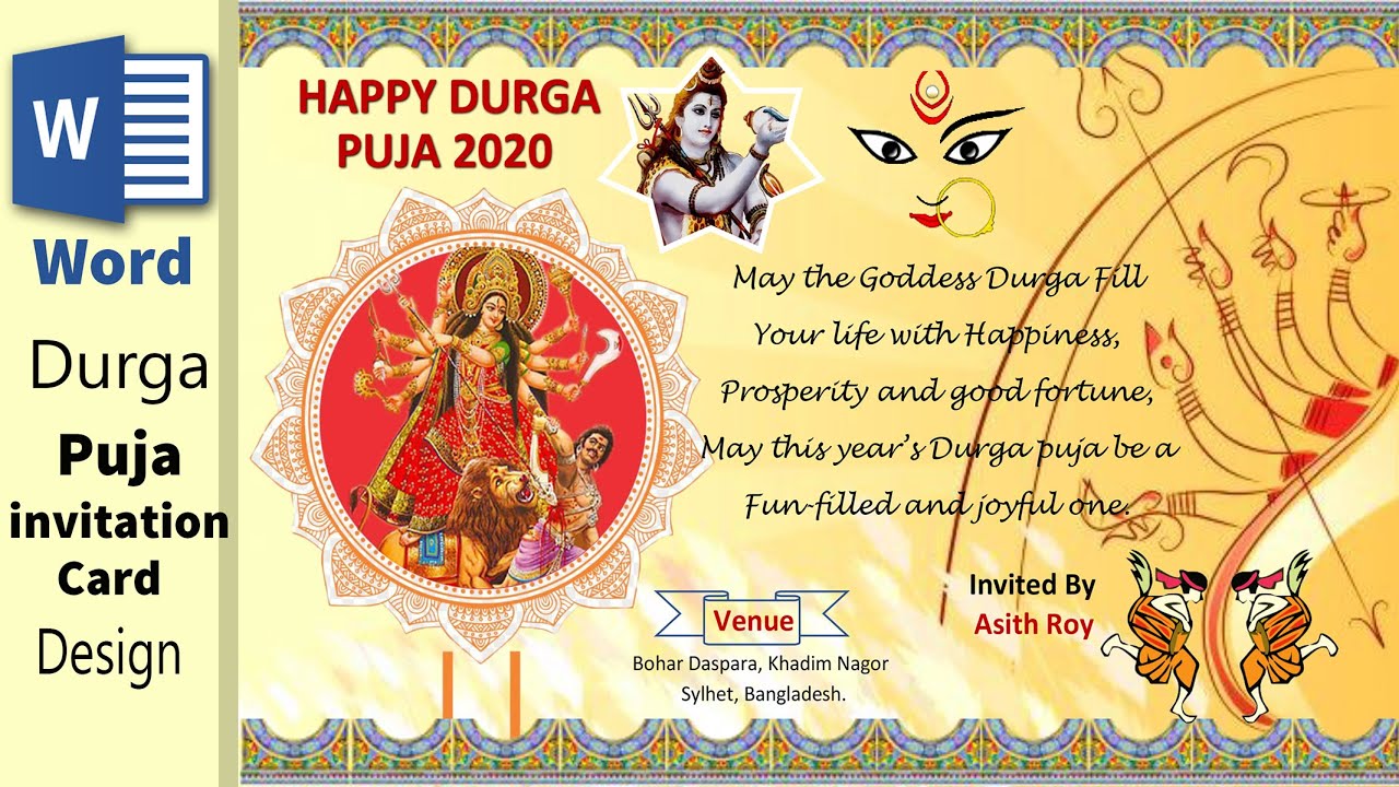 Durga Puja invitation card Design in Microsoft Word 2020 || Invitation Durga pooja template in Word