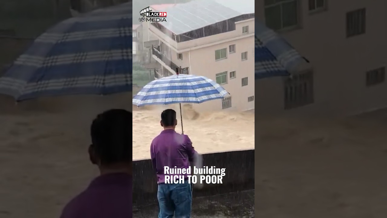 Flood Destroys a House&hellip; But He Just Stands There With an Umbrella! 😱🌊☂️ #Shorts