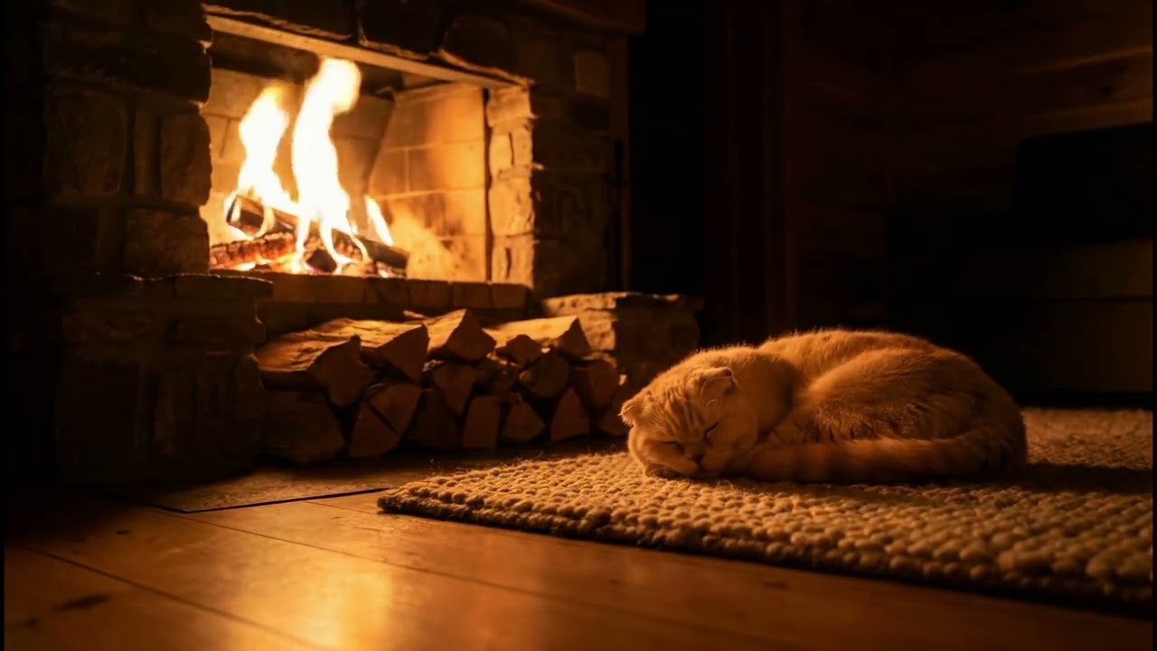 🐱🔥 12 Hours Cozy Fireplace with Sleeping Cat   | Cozy Fire Ambience for Sleep & Relaxation