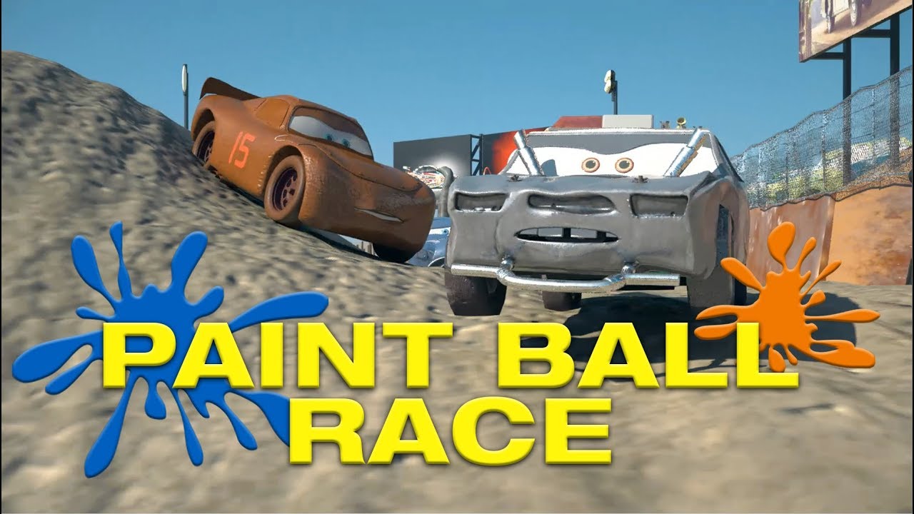 Miss Fritter pins Lightning McQueen to the wall PAINT BALL RACE!