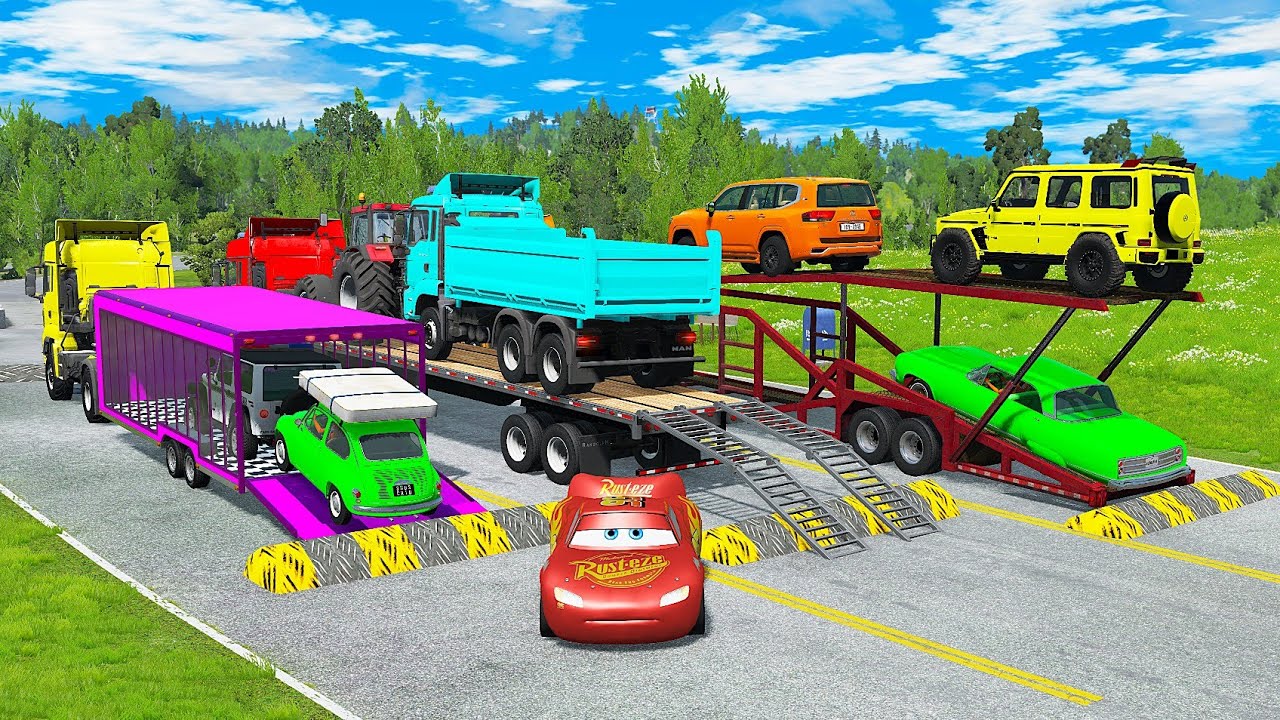 TRANSPORTING PIXAR CARS & FRUITS WITH COLORED & JOHN DEERE vs CLAAS vs TRACTORS - BeamNG.drive #983