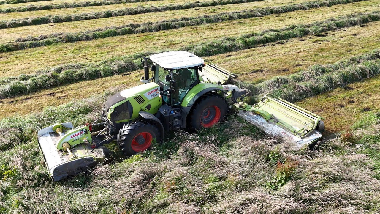 CLAAS AXION 870 mit CLAAS DISCO 3200 FC & CLAAS DISCO 9100 C Mähkombination / fliegen bei Wind / 4K