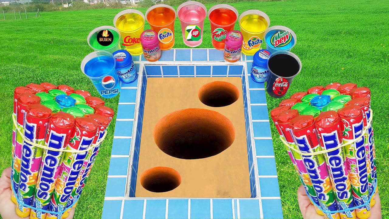 Football VS Underground M&M Candy Popular Sodas!! Coca Cola Fanta Pepsi Pepsi And Mentos İn The Pool
