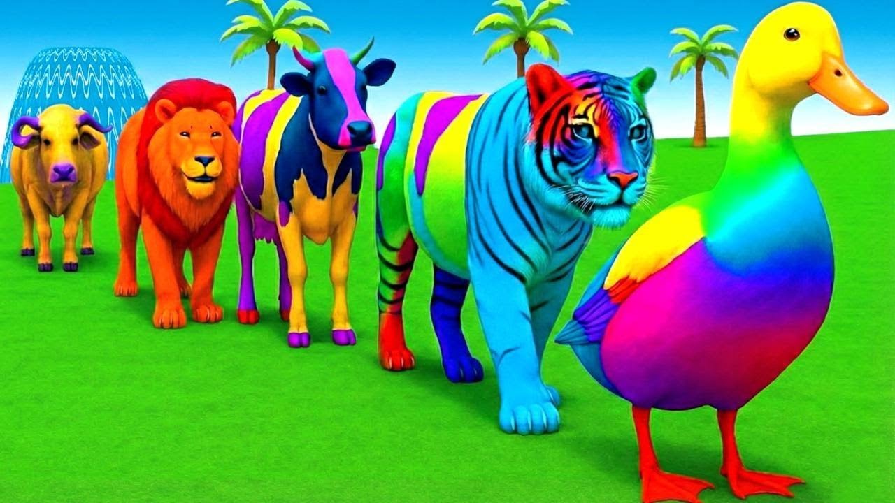 Long Slide Game With Elephant Gorilla Buffalo Hippopotamus Tiger - 3d Animal Game - Funny 3d Animals