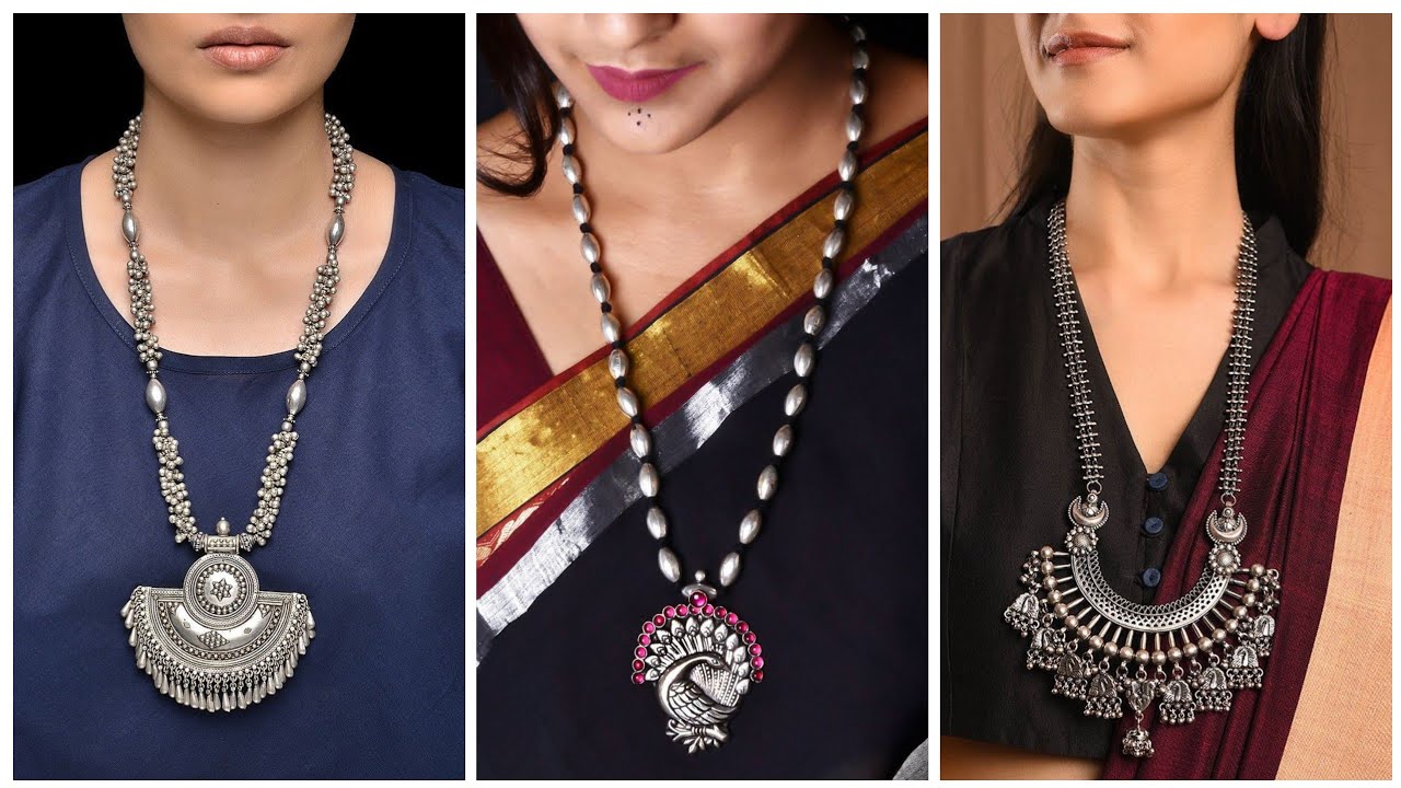 Lovely Long Silver Oxidized Necklace Designs For Parties