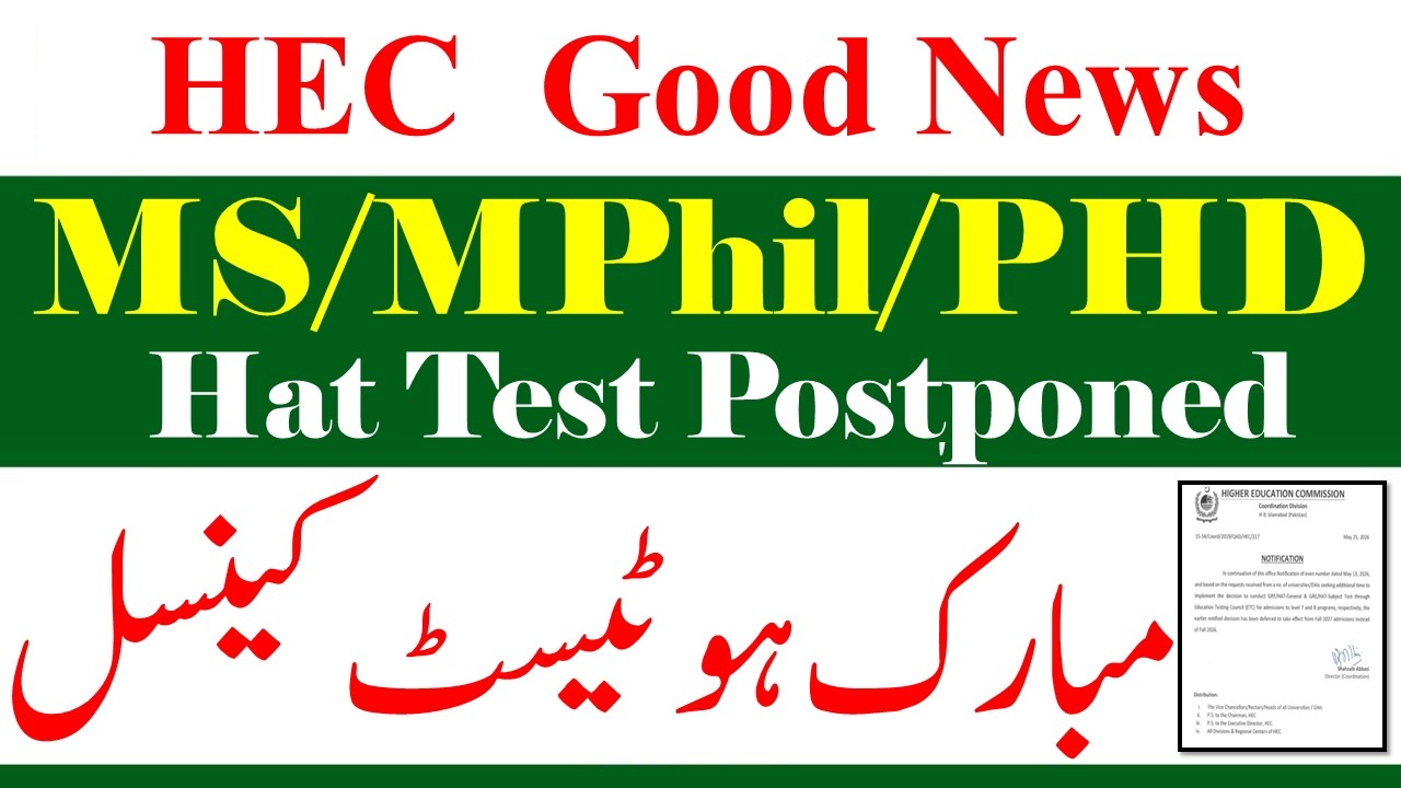 HEC Hat Test for Mphil/PHD Admission Postponed 2026 | HAT Test Cancel 226 | Gre Hat Test HEC