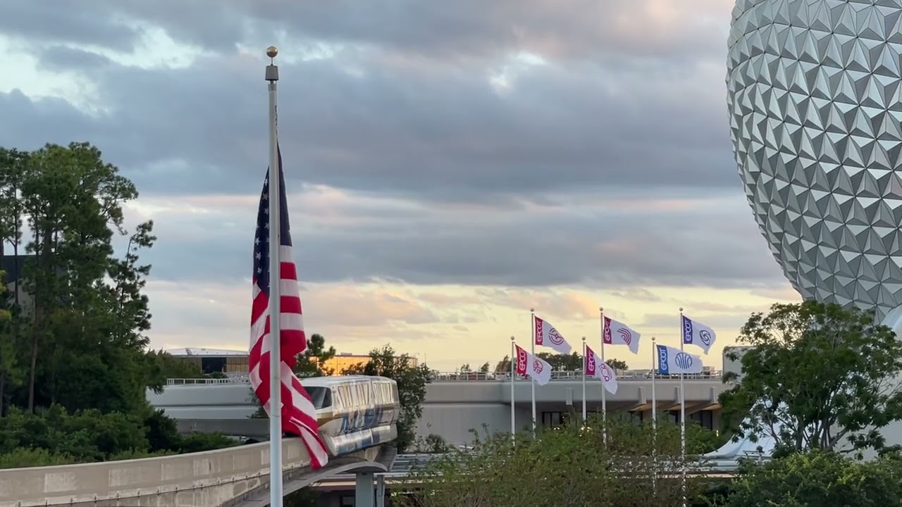 Monorail, the American Flag, with Spaceship Earth in the background!!  EPCOT at Walt Disney World!
