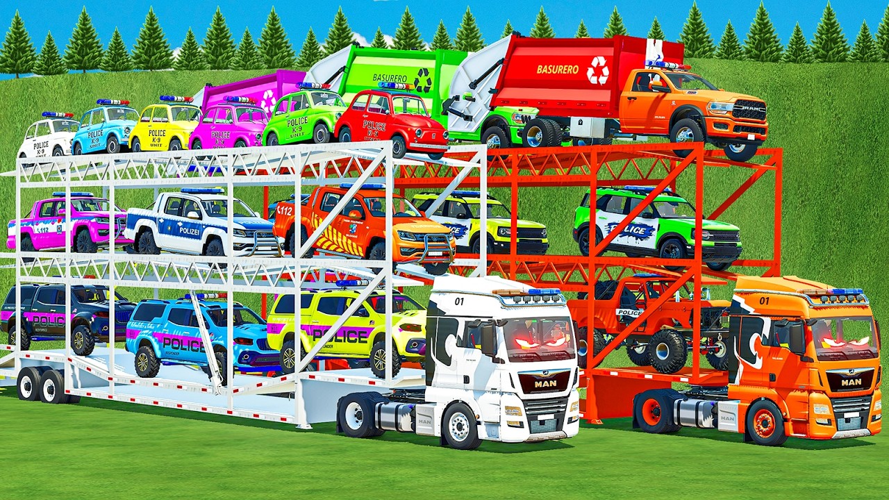 TRIPLE TRAILER POLICE TRANSPORT FIAT, CRAWLERS, GARBAGE TRUCKS, FIRE DEPARTMENT & BATTLE! FS 25