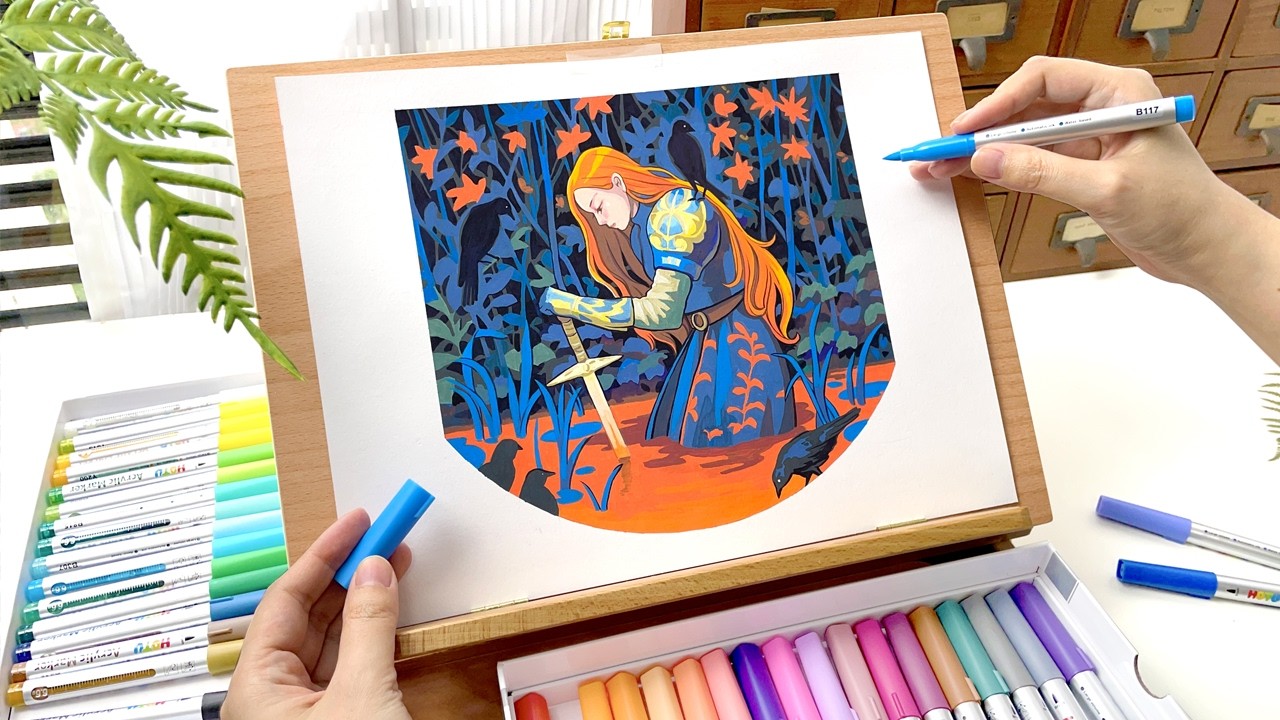 Creating Bold & Decorative Art with 36 Colors｜Draw with Me｜HOTU Acrylic Markers｜Blending Tips 💙🧡