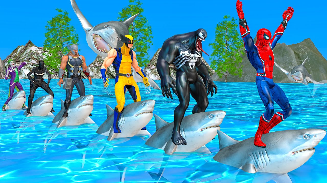 RED HORSE SPIDERMAN CROSSING FOUNTAIN ON RAINBOW SPIDERS BRIDGE AGAINST SHARKS RESCUE ANIMALS GAME