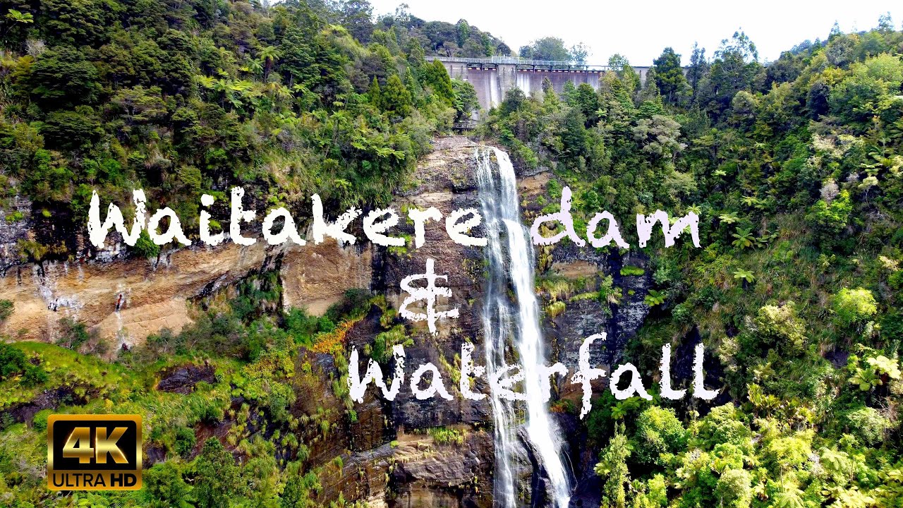 Waitakere dam and waterfall bird's eye view, Waitakere ranges, Auckland New Zealand