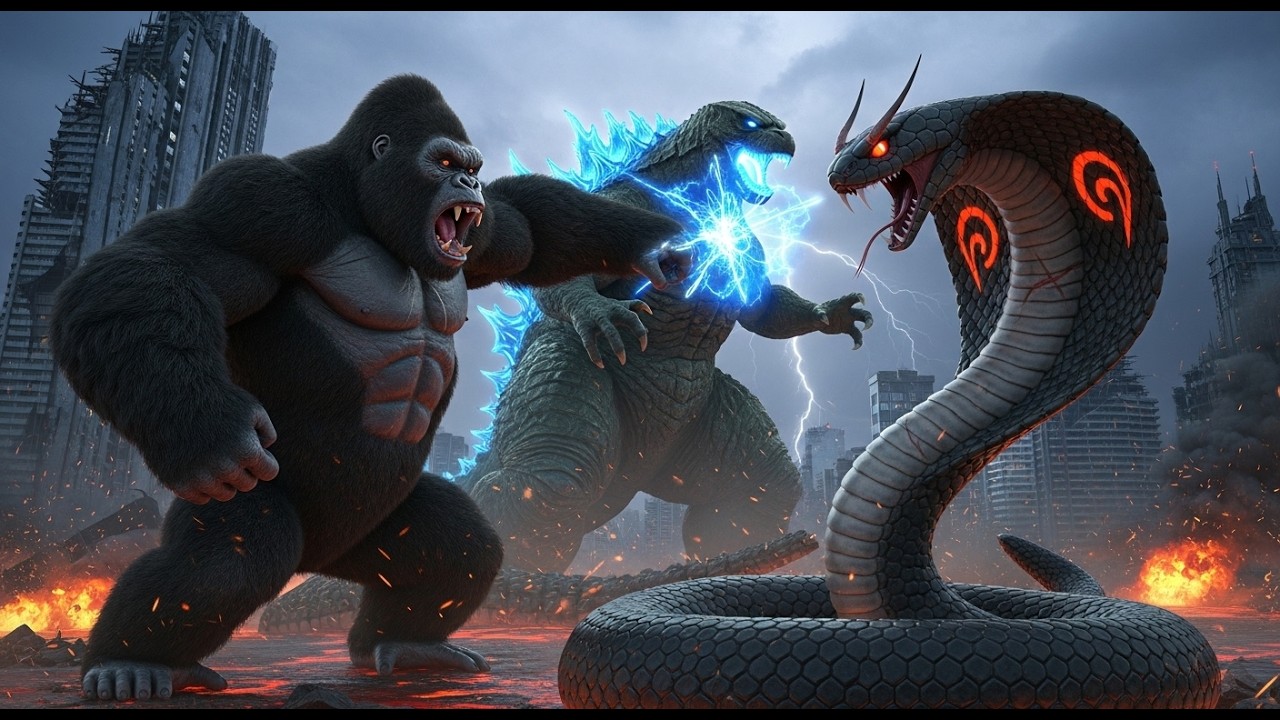 King Kong and Godzilla vs The Giant Cobra snake epic kaiju showdown
