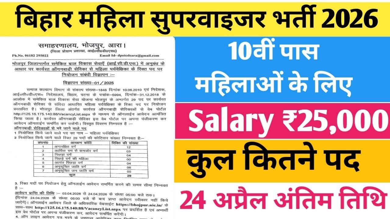 #Bihar Block Level Vacancy 2026 - ₹25,000 | #बिहार महिला सुपरवाइजर भर्ती 2026, #10thpassjob #jobs 