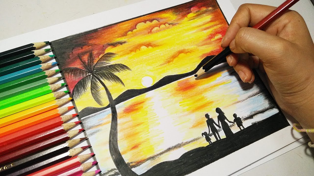 วาดภาพวิวทะเลปิดเทอมแสนสุข How to draw Sea Scanary