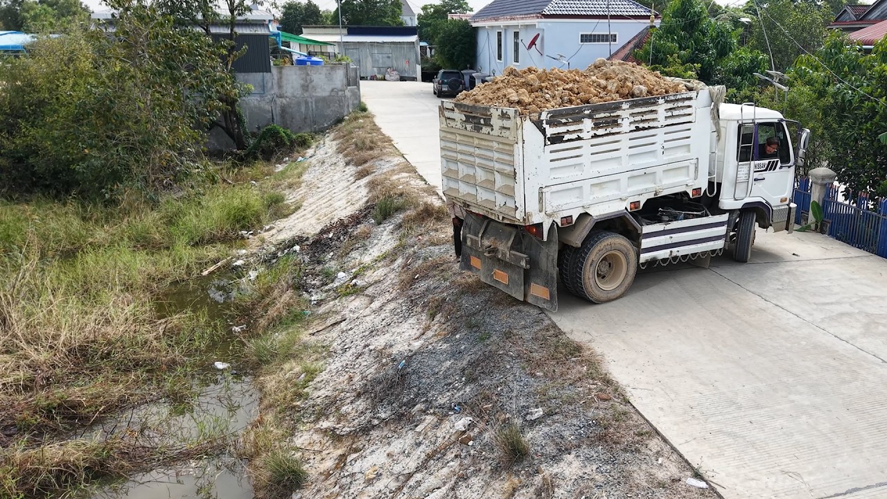 Great Landfilling Project Process By Skill Bulldozer Push Soil Into Low Land With Team Dump Trucks